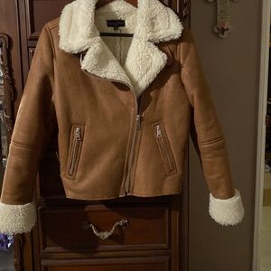 Junior size Tan Aviator/ Moto beautiful tan and cream lined jacket